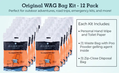 Go Anywhere Portable Toilet Kit For Camping And Travel With NASA Gelling Powder Gel Waste Bag System shown in 12 pack