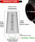 Snap This Slick 3 Inch Cone Air Filter Onto Your Rig Using A Rock Solid Clamp On Mount And Honeycomb Mesh Top Design For A Fully Washable Reusable Tapered Pod Filter Built Tough For Street Or Track In Blue size diagram with measurements.