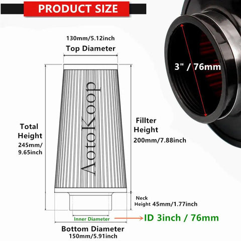 Snap This Slick 3 Inch Cone Air Filter Onto Your Rig Using A Rock Solid Clamp On Mount And Honeycomb Mesh Top Design For A Fully Washable Reusable Tapered Pod Filter Built Tough For Street Or Track In Blue size diagram with measurements.