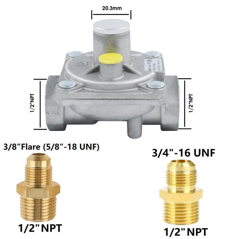 MCAMPAS dual-fuel gas regulator with 1/2 in NPT ports; includes 3/8 in flare and 3/4 in UNF adapters