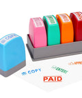 Slick 8 Piece Multicolor Office Stamp Set Featuring No Sweat Self Inking Rubber Design For Quick Document Marking Like Paid Approved And Confidential With Dope Storage Case, displaying vibrant stamps.