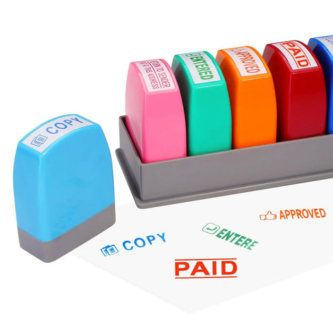 Slick 8 Piece Multicolor Office Stamp Set Featuring No Sweat Self Inking Rubber Design For Quick Document Marking Like Paid Approved And Confidential With Dope Storage Case, displaying vibrant stamps.