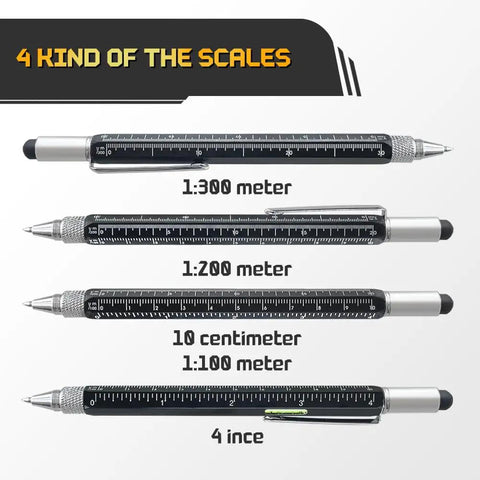 9 In 1 Metal Multitool Pen Set For Him With 2 Pens And 6 Refills showing four ruler scales in black aluminum pen.