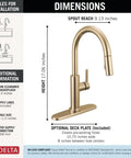 Dimension guide for Modern Brushed Gold Kitchen Faucet With Pull Down Sprayer And Single Handle Slick Champagne Bronze Finish.