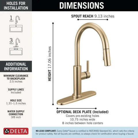Dimension guide for Modern Brushed Gold Kitchen Faucet With Pull Down Sprayer And Single Handle Slick Champagne Bronze Finish.