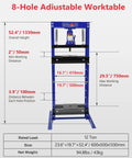 Badass 12 Ton Hydraulic Shop Press Workhorse With Adjustable Height And Sliding Plates For Crushing Bearings Bending Steel And Serious Automotive Repair Tasks In Garage showing dimensions and features.