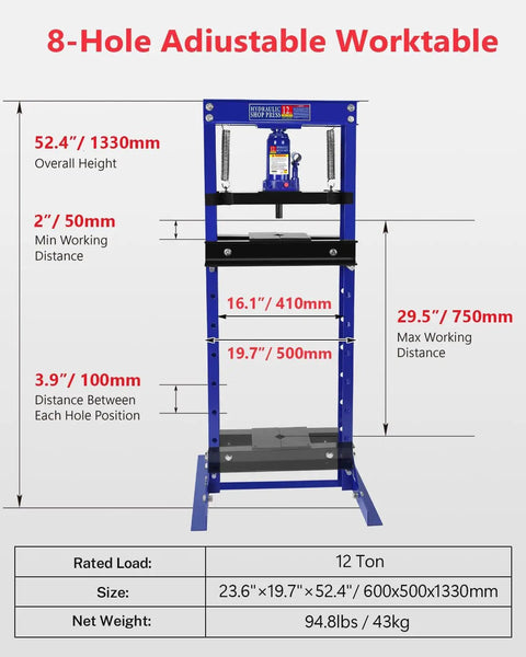Badass 12 Ton Hydraulic Shop Press Workhorse With Adjustable Height And Sliding Plates For Crushing Bearings Bending Steel And Serious Automotive Repair Tasks In Garage showing dimensions and features.