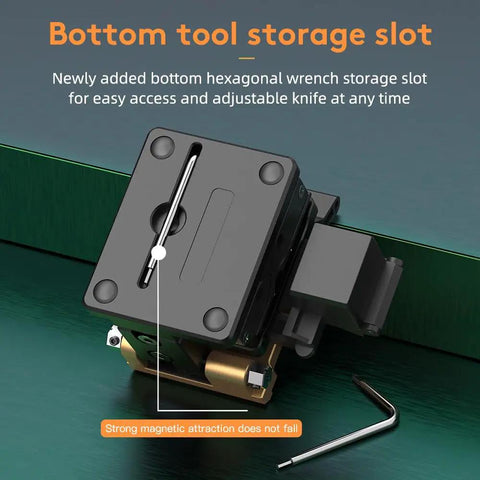 Heavy Duty Fiber Optic Cleaver With Razor Sharp Tungsten Steel Cutting Blade For Ftth Setup Jobs showing bottom tool storage slot.