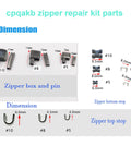 52 Piece Zipper Repair Kit With Metal Head Sliders Retainers And Insertion Pins In 3 Colors And 3 Sizes Includes Stops Bottoms And U Shape Pieces For Size 10 8 5 Zippers Easy Diy Fix For Stuck Or Broken Zippers showing dimensions of zipper parts.