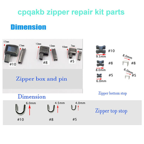 52 Piece Zipper Repair Kit With Metal Head Sliders Retainers And Insertion Pins In 3 Colors And 3 Sizes Includes Stops Bottoms And U Shape Pieces For Size 10 8 5 Zippers Easy Diy Fix For Stuck Or Broken Zippers showing dimensions of zipper parts.