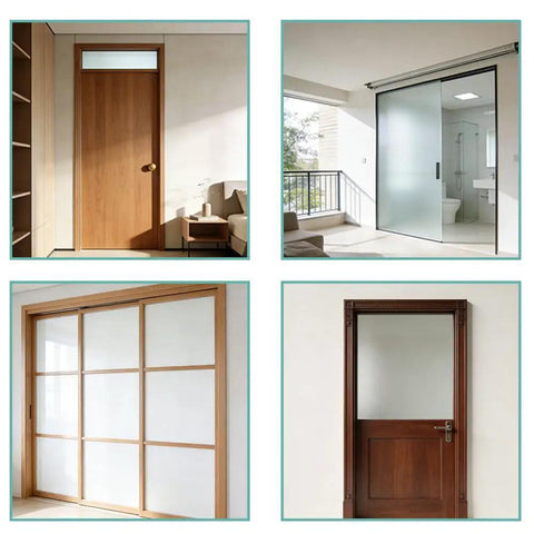 Collection of doors including wooden, sliding, and frosted glass designs, showcasing diverse styles for home interiors.