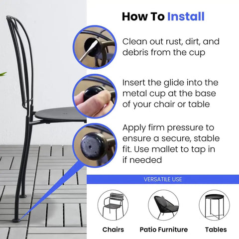 Wrought Iron Chair Glides Fit 1-1/2 Inch Cup, Round Plastic Floor Protectors installation guide on patio chair
