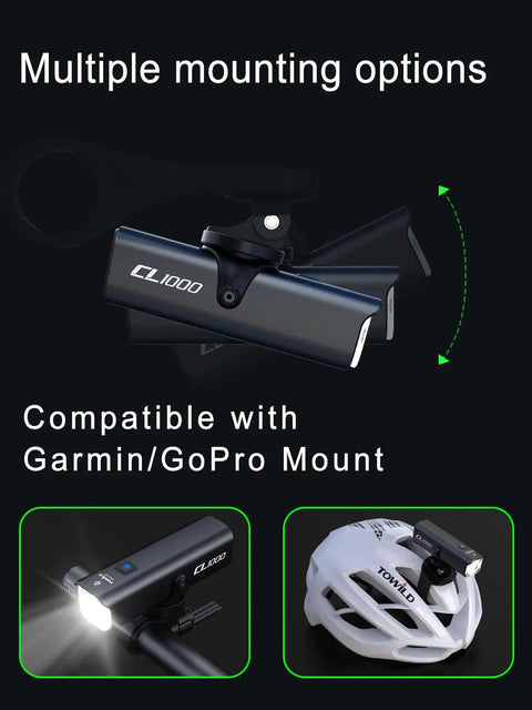 Ultra Bright Rechargeable Bike Light CL1000 for Night Rides attached to bike and helmet with multiple mounting options