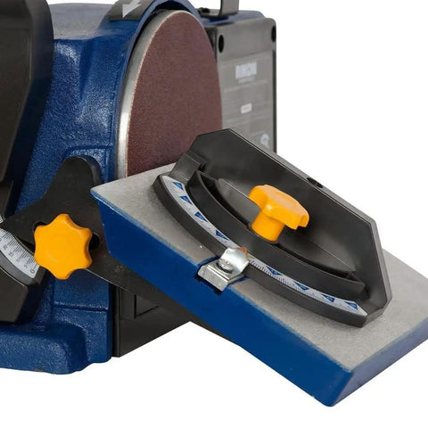 Close-up of Heavy Duty 4-Inch By 36-Inch Belt And 6-Inch Disc Sander With Cast Iron Base showing miter gauge detail