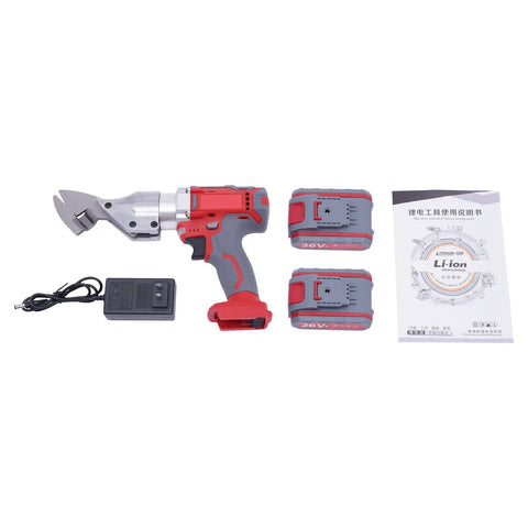 Powerful 21V Electric Metal Shears With Swivel Head And Two Batteries For Cutting Iron Aluminum Steel Tile Rechargeable High Speed Shear Tool set including shears, two batteries, charger, and manual.