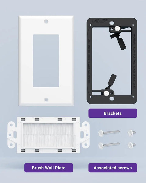 In-Wall Cable Management Brush Wall Plate Kit With Low-Voltage Mounting Box for wall-mount TV, includes plates, brackets, screws.