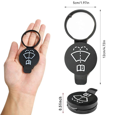 Windshield Washer Fluid Cap Replacement 2 Pack That Fits Chevy Buick GMC Cadillac Camaro Silverado Cruze Bolt EV Envision Encore ATS And More OEM 12767700 13227300 1450270 shown in hand and measurements