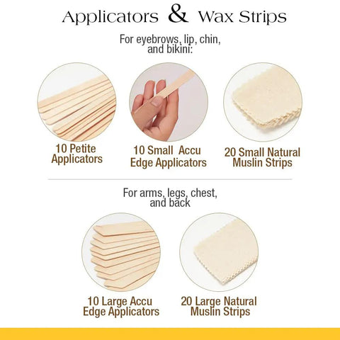DIY Starter Waxing Kit For Home Or Pro Salon Use With All Purpose Honee Wax showcasing applicators and muslin strips.