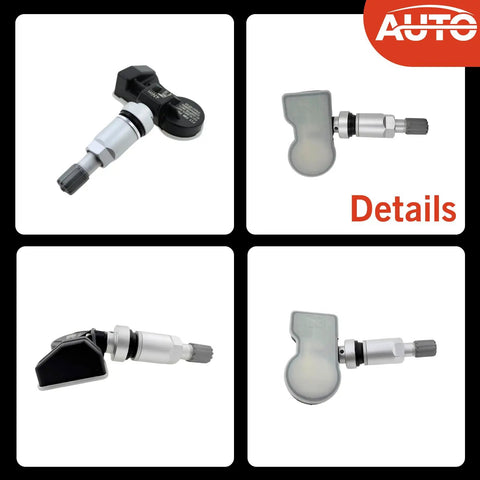 Four Pack 315 433 MHz Universal Pre Programmed TPMS Sensors For BMW Tire Pressure Monitoring System Replacement Plug And Play Easy Install And Reliable Performance Compatible With Most BMW Models. Side and detail views of BMW TPMS sensor