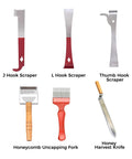 Beekeeping Tools Kit 22 Pcs For Beginners And Beekeepers showing scrapers, fork, and knife for hive inspection and honey harvest.