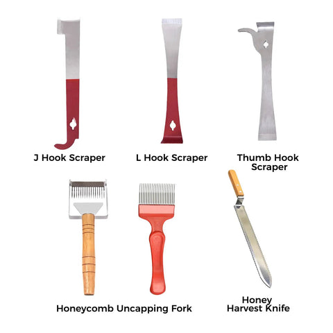 Beekeeping Tools Kit 22 Pcs For Beginners And Beekeepers showing scrapers, fork, and knife for hive inspection and honey harvest.