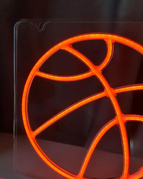 Close-up of Basketball Neon Sign LED Light 11.8 Inch for Bedroom Decor and Game Room Aesthetic, glowing orange detail.