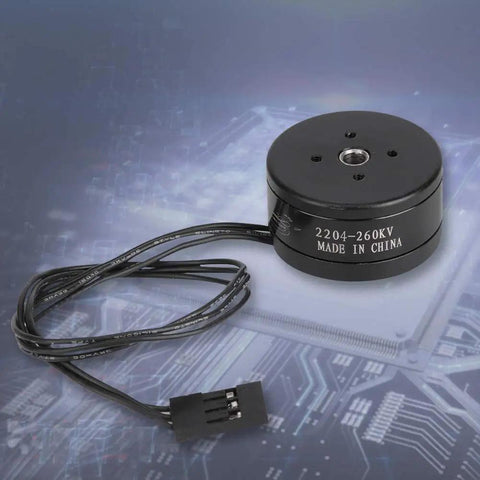 260KV Brushless Motor For 808 Camera Gimbal RC Drones Top Notch Efficiency And Low Power Draw Built Tough For Long Battery Life Quiet Cooling Ideal For DIY Drone Nerds And Upgrades 2204 Size, 2204-260KV motor with wires on circuit background