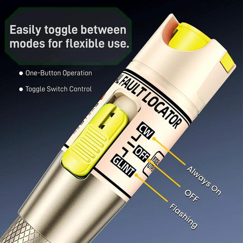 Visual Fault Locator VFL fiber optic tester, white body with yellow switch and red light.