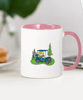 Premium Quality Ceramic Coffee Mug With Dope Golf Cart Graphics Made To Keep Up With Your Daily Grind Ideal For Iced Lattes Or Strong Black Coffee During Your Office Routine, featuring pink handle and inside.