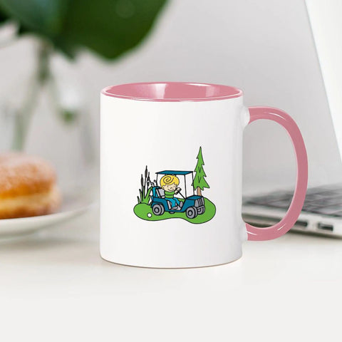 Premium Quality Ceramic Coffee Mug With Dope Golf Cart Graphics Made To Keep Up With Your Daily Grind Ideal For Iced Lattes Or Strong Black Coffee During Your Office Routine, featuring pink handle and inside.