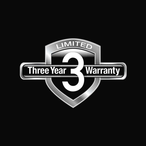 Limited Three Year Warranty badge on a black background, indicating coverage duration for products.