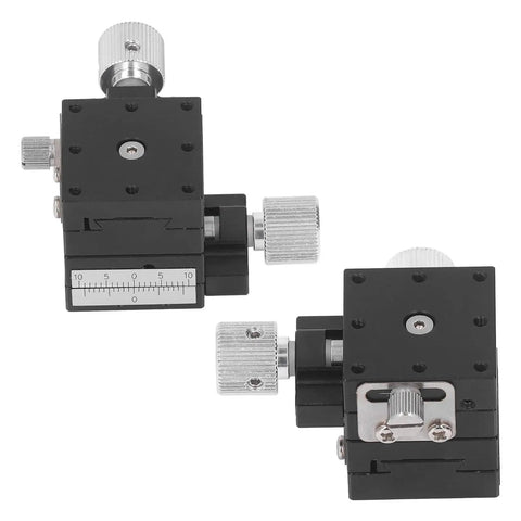 Pro Grade Manual XY Sliding Stage with Dovetail Guide and lead screw fine tune, displaying dual axis knobs and measurement scale.