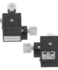 Axes Sliding Stage Pro Grade With Dovetail Guide And Lead Screw, dual-angle view showing aluminum alloy knobs and scale markings.