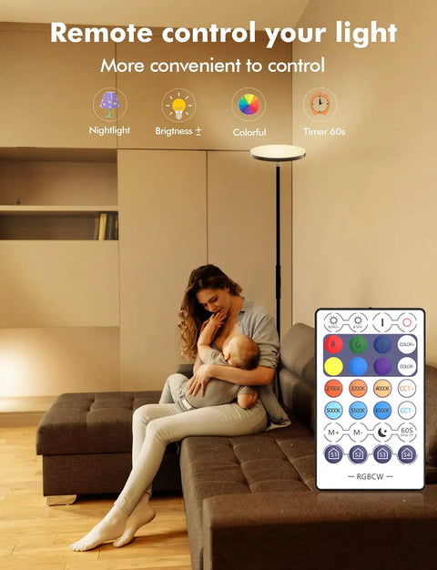 Smart RGB LED Floor Lamp With Alexa Google Home Control in living room with remote, black tall standing lamp