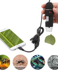 40-1000X USB Microscope With Portable Carrying Case For Kids And Adults, Perfect For Coins, Circuit Boards, Stamps, Skin, Hair, Jewelry And Insects, Type C And Micro USB OTG Compatible, Great For DIY Projects And Education, An Awesome Learning Tool handheld microscope connected to smartphone