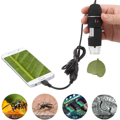 40-1000X USB Microscope With Portable Carrying Case For Kids And Adults, Perfect For Coins, Circuit Boards, Stamps, Skin, Hair, Jewelry And Insects, Type C And Micro USB OTG Compatible, Great For DIY Projects And Education, An Awesome Learning Tool handheld microscope connected to smartphone