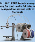 PTFE Filament Tube 2.5mm ID 4mm OD 5m with 2 Couplers and Tubing Cutter for 3D Printer, showing multiple filament spools.