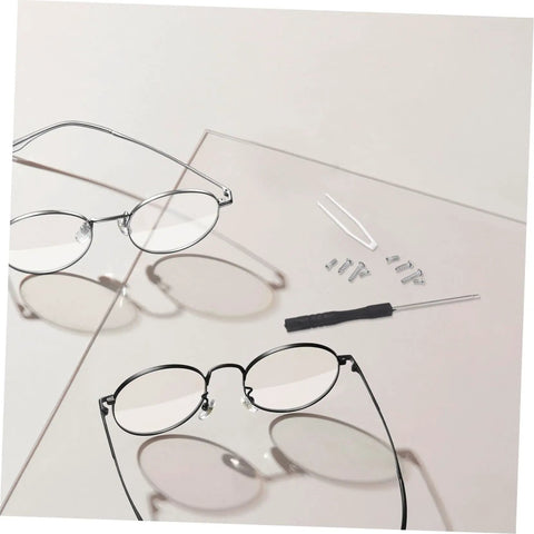 Eyeglass Repair Kit With Precision Screwdriver Set Sunglass Screws Replacement Nose Pad Cushions Tweezers And Storage Case For Quick Eyewear Fixes While Traveling featuring two pairs of eyeglasses with repair tools.