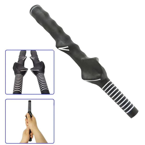 Right Handed Golf Swing Training Grip Trainer For Proper Hand And Finger Placement in black rubber, detailed view.
