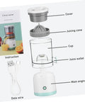 Premium Portable Electric Citrus Juicer, Powerful 45W Motor With Retractable Blade, components including cover and cup.
