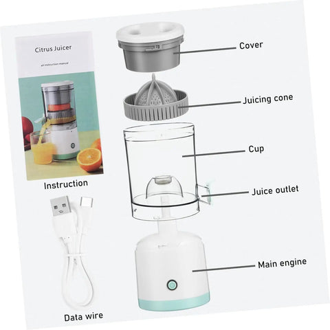 Premium Portable Electric Citrus Juicer, Powerful 45W Motor With Retractable Blade, components including cover and cup.