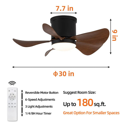 Flush Mount 30 Inch Ceiling Fan With Lights And Remote Low Profile Indoor Outdoor Fan for small spaces, 5 ABS Blades shown.