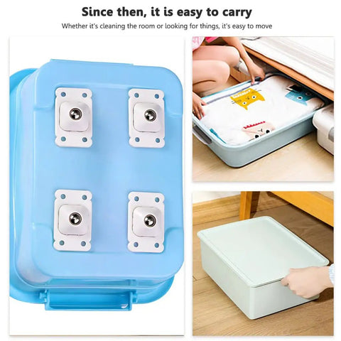 Peel Stick Self Adhesive Caster Wheels Universal Swivel Pulleys For Moving Heavy Boxes Furniture Storage Shelves 360 Degree Spin Smooth Roll Loads Like A Champ Skip The Grind Glide Relocate Fast on a blue storage box for easy carrying.