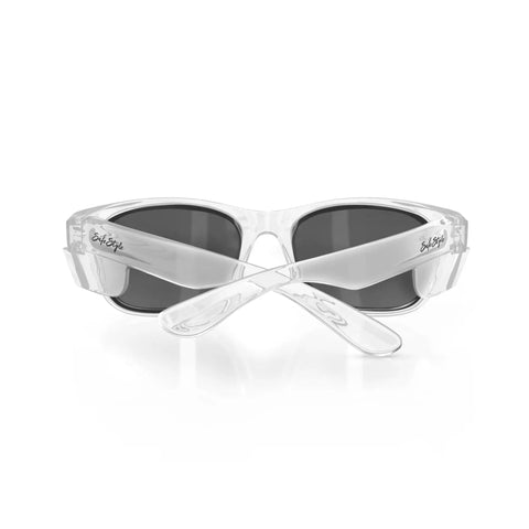 Top Shelf Clear Frame Polarized Safety Glasses Osha Approved Ansi Z87 Plus Certified Anti Scratch Polycarbonate Eye Shield Uv400 Sun Protection Fly Protective Eyewear Grind with dark lenses.