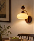 2 Pack Rechargeable Vintage Wooden Wall Sconces RGB Battery Operated Lights mounted on wall with warm glow, mid-century design.