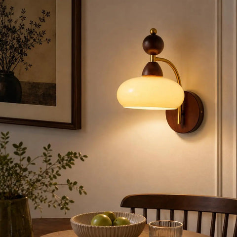 2 Pack Rechargeable Vintage Wooden Wall Sconces RGB Battery Operated Lights mounted on wall with warm glow, mid-century design.