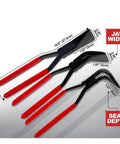 Hand Seamer Pliers Set For Sheet Metal Bending And HVAC Ductwork, 3 Piece Metal Pliers Kit with red handles and size details.