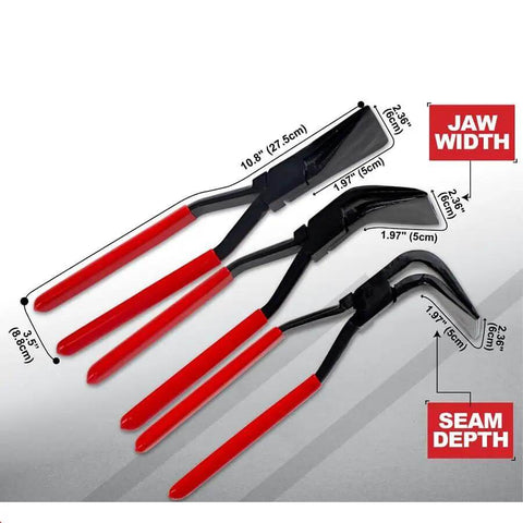 Hand Seamer Pliers Set For Sheet Metal Bending And HVAC Ductwork, 3 Piece Metal Pliers Kit with red handles and size details.