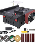 Aynuma Mini Table Saw And Belt Sander Combo 2 In 1 Electric Portable Bench Cutting Machine With 7 Speed Adjustment 0-90 Degree Adjustable Angle And 1.2 Inch Cutting Depth For Wood Plastic Acrylic DIY Jobs, showing various tools and components.