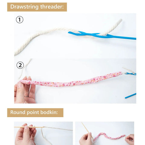 Fast Turn Fabric Kit With Assorted Tube Turners In Multiple Sizes For Easy Fabric Turning No Fuss Quick Sewing Setup Threading And Crafting Projects For Diy Home Projects And Alterations, drawstring threader and round point bodkin in use